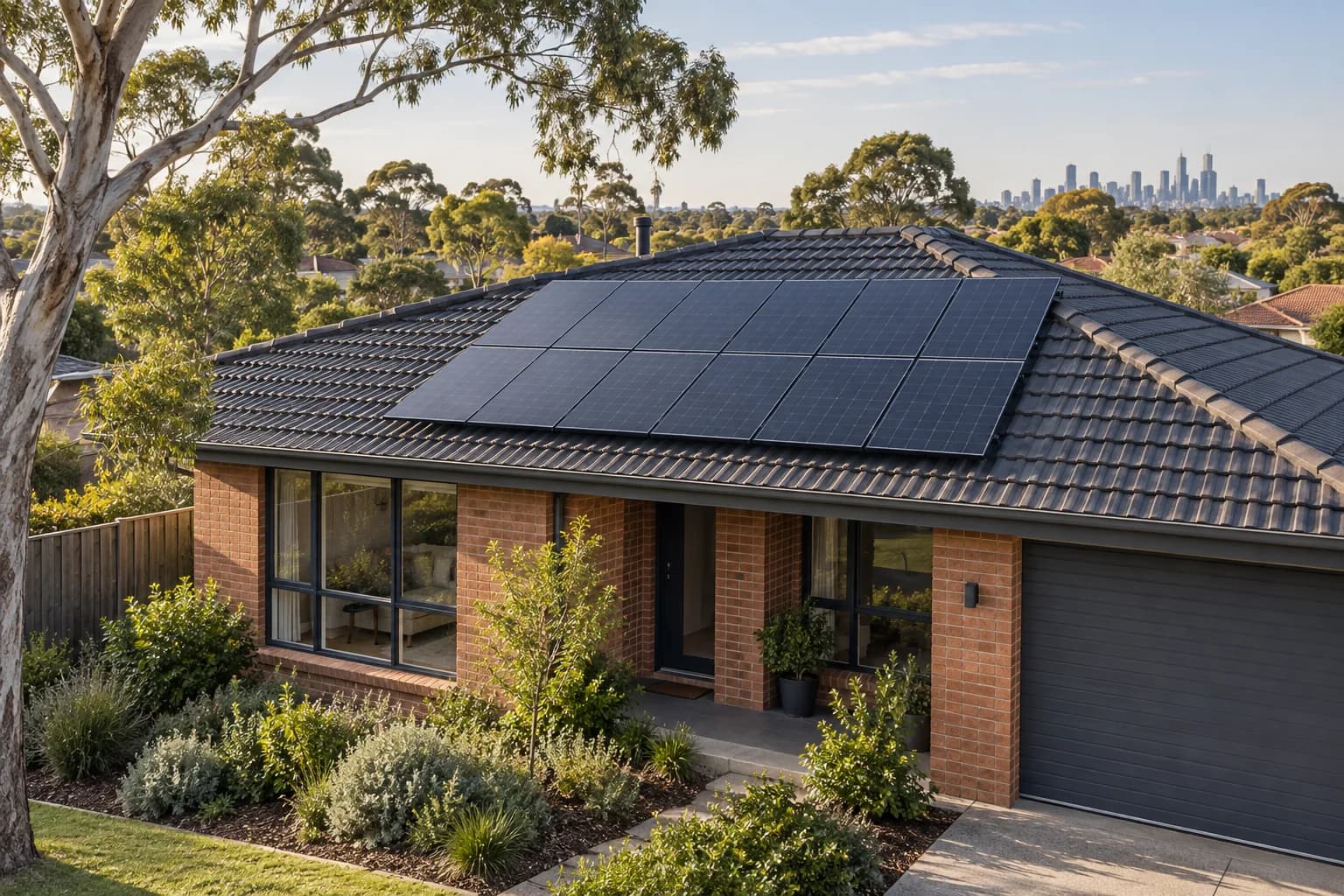 Unbranded rooftop solar array on a suburban brick house seen from garden level, clean geometry and soft blue sky